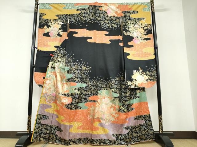 平和屋着物●ブライダルファッションデザイナー・桂由美 振袖 エ霞花車文 黒地 金銀彩 やまと誂製 正絹 逸品 DABB0478ud