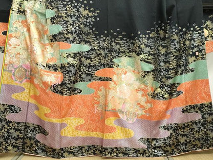 平和屋着物●ブライダルファッションデザイナー・桂由美 振袖 エ霞花車文 黒地 金銀彩 やまと誂製 正絹 逸品 DABB0478ud