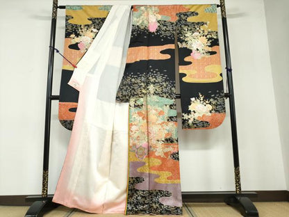 平和屋着物●ブライダルファッションデザイナー・桂由美 振袖 エ霞花車文 黒地 金銀彩 やまと誂製 正絹 逸品 DABB0478ud