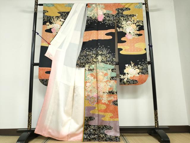 平和屋着物●ブライダルファッションデザイナー・桂由美 振袖 エ霞花車文 黒地 金銀彩 やまと誂製 正絹 逸品 DABB0478ud