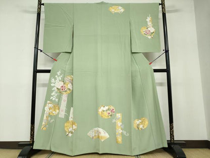 平和屋着物●訪問着 駒刺繍 地紙飛鶴草花文 金彩 正絹 逸品 DABB0480ud