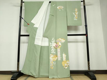 平和屋着物●訪問着 駒刺繍 地紙飛鶴草花文 金彩 正絹 逸品 DABB0480ud