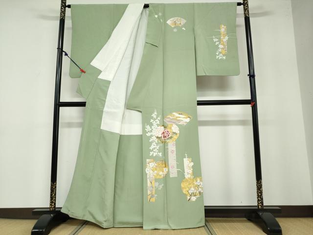 平和屋着物●訪問着 駒刺繍 地紙飛鶴草花文 金彩 正絹 逸品 DABB0480ud