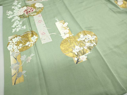 平和屋着物●訪問着 駒刺繍 地紙飛鶴草花文 金彩 正絹 逸品 DABB0480ud