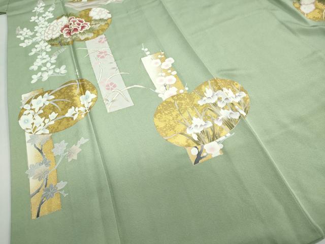 平和屋着物●訪問着 駒刺繍 地紙飛鶴草花文 金彩 正絹 逸品 DABB0480ud