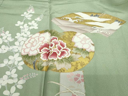 平和屋着物●訪問着 駒刺繍 地紙飛鶴草花文 金彩 正絹 逸品 DABB0480ud