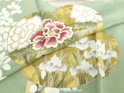 平和屋着物●訪問着 駒刺繍 地紙飛鶴草花文 金彩 正絹 逸品 DABB0480ud
