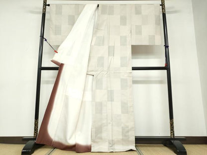 平和屋着物●本場大島紬　白大島　9マルキ　純手織　変わり格子文　証紙付き　福原大島紬工場謹製　正絹　逸品　DABB0495ud