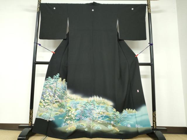 平和屋着物●十日町友禅作家 阿部佳雪 黒留袖 流水草花風景文 正絹 逸品 DABB0524ud