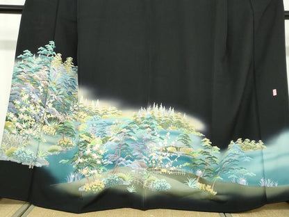 平和屋着物●十日町友禅作家 阿部佳雪 黒留袖 流水草花風景文 正絹 逸品 DABB0524ud
