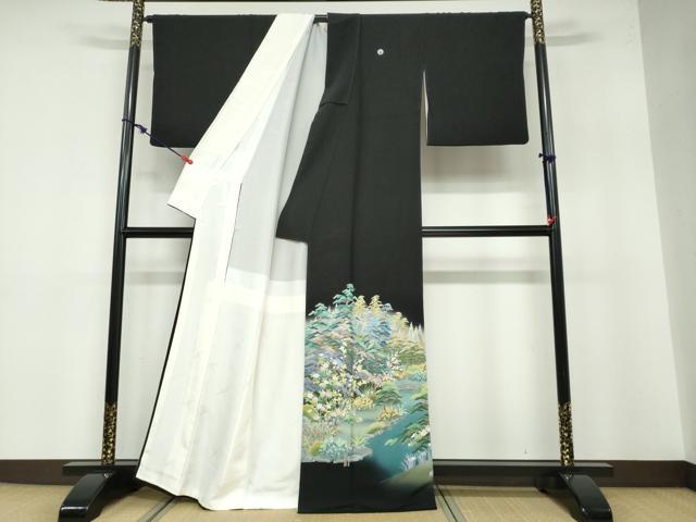 平和屋着物●十日町友禅作家 阿部佳雪 黒留袖 流水草花風景文 正絹 逸品 DABB0524ud