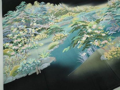 平和屋着物●十日町友禅作家 阿部佳雪 黒留袖 流水草花風景文 正絹 逸品 DABB0524ud