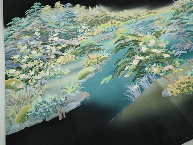 平和屋着物●十日町友禅作家 阿部佳雪 黒留袖 流水草花風景文 正絹 逸品 DABB0524ud