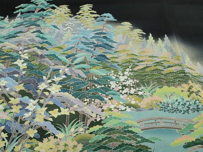 平和屋着物●十日町友禅作家 阿部佳雪 黒留袖 流水草花風景文 正絹 逸品 DABB0524ud