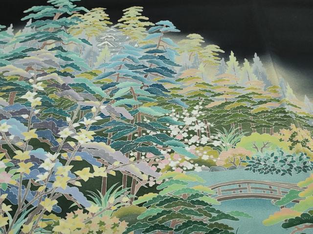 平和屋着物●十日町友禅作家 阿部佳雪 黒留袖 流水草花風景文 正絹 逸品 DABB0524ud