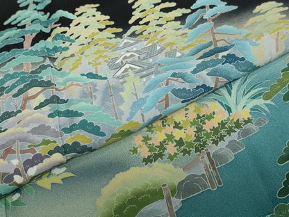 平和屋着物●十日町友禅作家 阿部佳雪 黒留袖 流水草花風景文 正絹 逸品 DABB0524ud