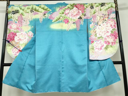 平和屋着物●小振袖 二尺袖 刺繍 御所車草花文 金彩 洗える着物 DABB0525ud
