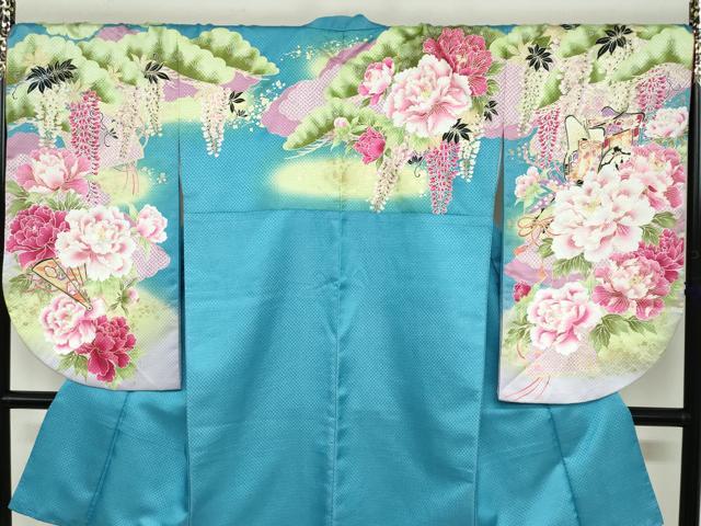 平和屋着物●小振袖 二尺袖 刺繍 御所車草花文 金彩 洗える着物 DABB0525ud