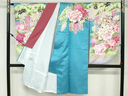 平和屋着物●小振袖 二尺袖 刺繍 御所車草花文 金彩 洗える着物 DABB0525ud