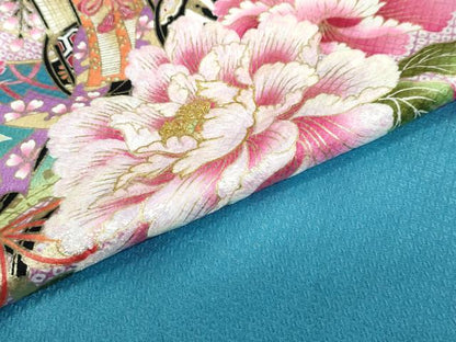 平和屋着物●小振袖 二尺袖 刺繍 御所車草花文 金彩 洗える着物 DABB0525ud