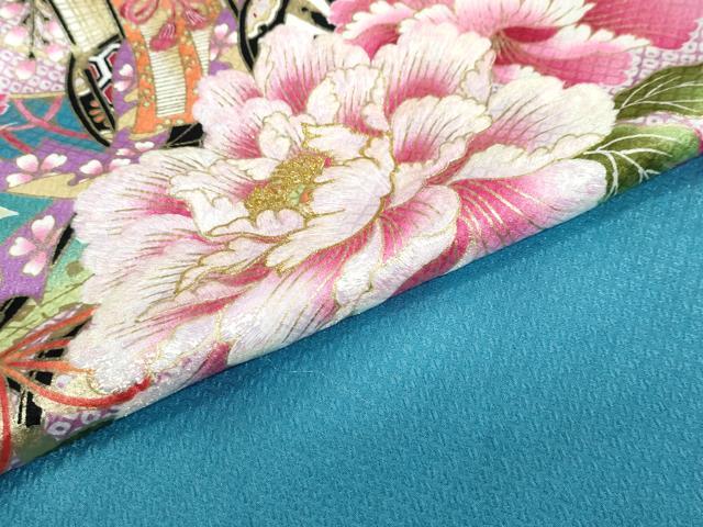 平和屋着物●小振袖 二尺袖 刺繍 御所車草花文 金彩 洗える着物 DABB0525ud