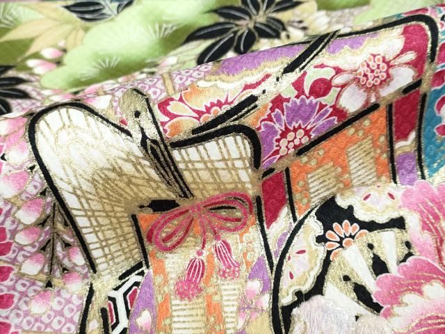 平和屋着物●小振袖 二尺袖 刺繍 御所車草花文 金彩 洗える着物 DABB0525ud