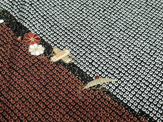 平和屋着物●訪問着 総絞り 駒刺繍 宝尽くし草花文 黒地 金彩 正絹 逸品 DABB0526ud