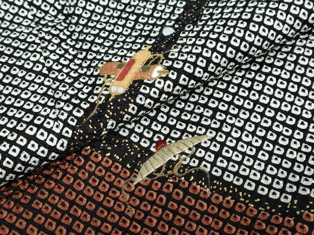 平和屋着物●訪問着 総絞り 駒刺繍 宝尽くし草花文 黒地 金彩 正絹 逸品 DABB0526ud