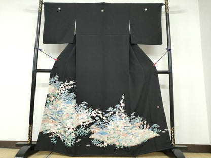 平和屋着物●本加賀友禅作家 寺西一紘 黒留袖 風景草花文 正絹 逸品 DABB0528ud