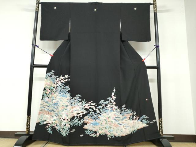 平和屋着物●本加賀友禅作家 寺西一紘 黒留袖 風景草花文 正絹 逸品 DABB0528ud