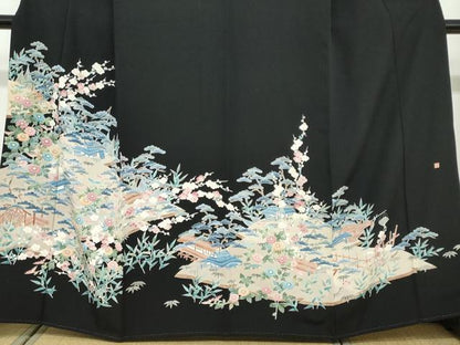平和屋着物●本加賀友禅作家 寺西一紘 黒留袖 風景草花文 正絹 逸品 DABB0528ud