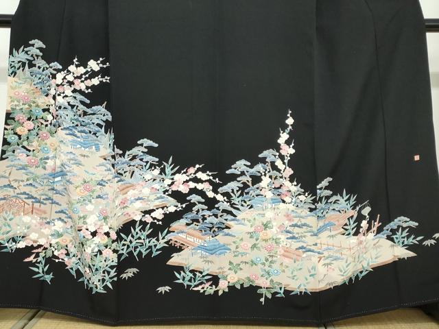 平和屋着物●本加賀友禅作家 寺西一紘 黒留袖 風景草花文 正絹 逸品 DABB0528ud