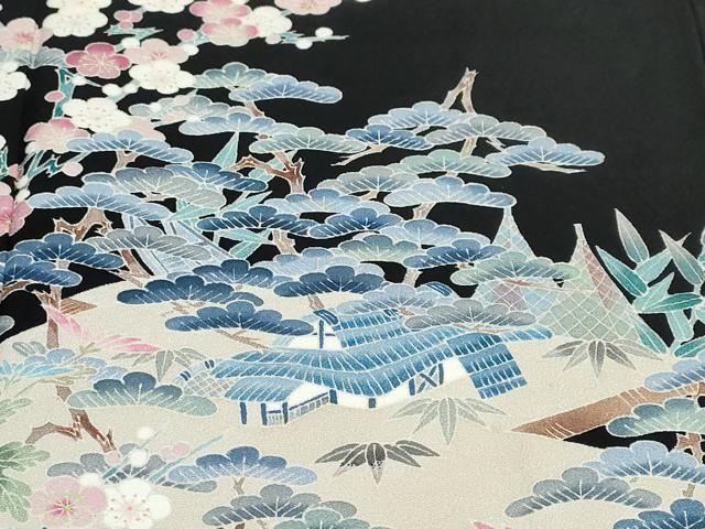 平和屋着物●本加賀友禅作家 寺西一紘 黒留袖 風景草花文 正絹 逸品 DABB0528ud