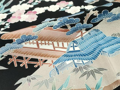 平和屋着物●本加賀友禅作家 寺西一紘 黒留袖 風景草花文 正絹 逸品 DABB0528ud