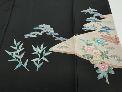 平和屋着物●本加賀友禅作家 寺西一紘 黒留袖 風景草花文 正絹 逸品 DABB0528ud