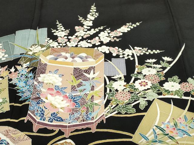 平和屋着物●豪華黒留袖　友禅　作家物　貝桶花鳥文　正絹　逸品　DABB0533ud