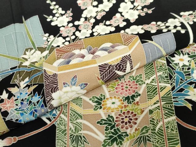 平和屋着物●豪華黒留袖　友禅　作家物　貝桶花鳥文　正絹　逸品　DABB0533ud