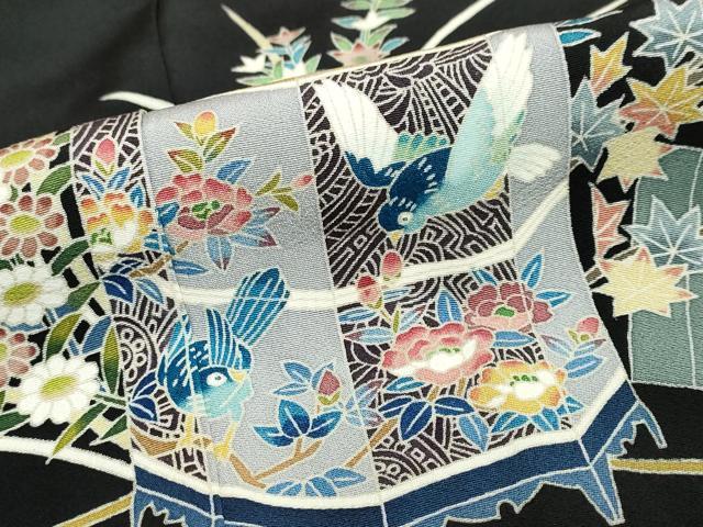平和屋着物●豪華黒留袖　友禅　作家物　貝桶花鳥文　正絹　逸品　DABB0533ud