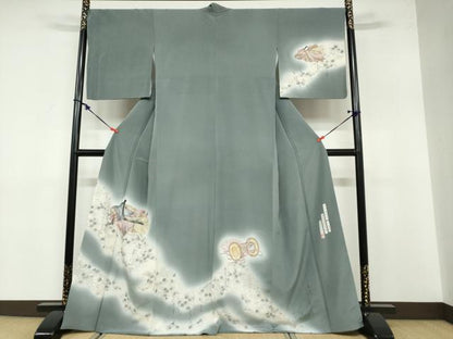 平和屋着物●友禅師・京の名工・伝統工芸士・樽本伊勢蔵 訪問着 女人鼓草花文 百人一首 暈し染め 金銀彩 正絹 逸品 DABB0536ud