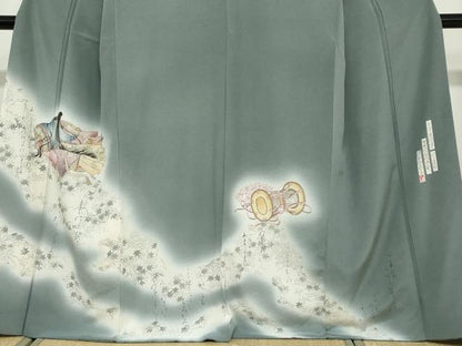 平和屋着物●友禅師・京の名工・伝統工芸士・樽本伊勢蔵 訪問着 女人鼓草花文 百人一首 暈し染め 金銀彩 正絹 逸品 DABB0536ud