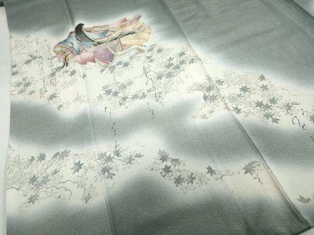 平和屋着物●友禅師・京の名工・伝統工芸士・樽本伊勢蔵 訪問着 女人鼓草花文 百人一首 暈し染め 金銀彩 正絹 逸品 DABB0536ud