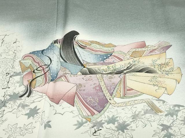 平和屋着物●友禅師・京の名工・伝統工芸士・樽本伊勢蔵 訪問着 女人鼓草花文 百人一首 暈し染め 金銀彩 正絹 逸品 DABB0536ud