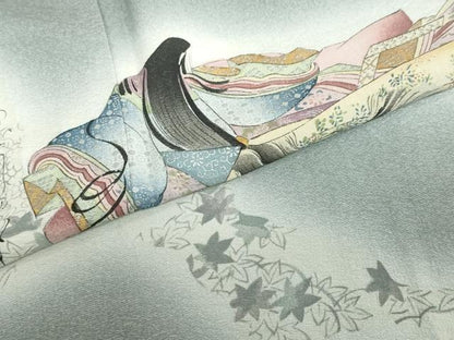 平和屋着物●友禅師・京の名工・伝統工芸士・樽本伊勢蔵 訪問着 女人鼓草花文 百人一首 暈し染め 金銀彩 正絹 逸品 DABB0536ud