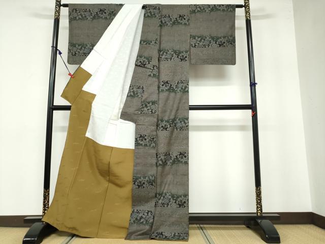 平和屋着物●本場大島紬 古代染色純泥染 9マルキ 横段更紗花唐草文 証紙付き くぼた謹製 正絹 逸品 DABB0549ud