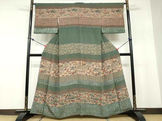 平和屋着物●訪問着 型染め 横段流水草花文 鬼しぼ縮緬 正絹 逸品 DABB0571ud