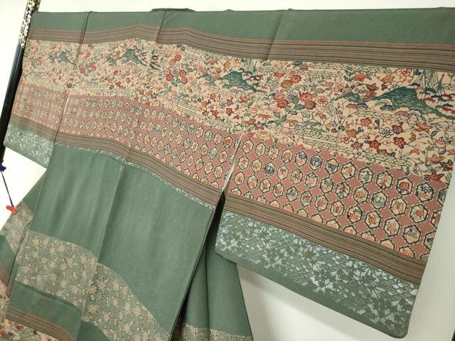 平和屋着物●訪問着 型染め 横段流水草花文 鬼しぼ縮緬 正絹 逸品 DABB0571ud