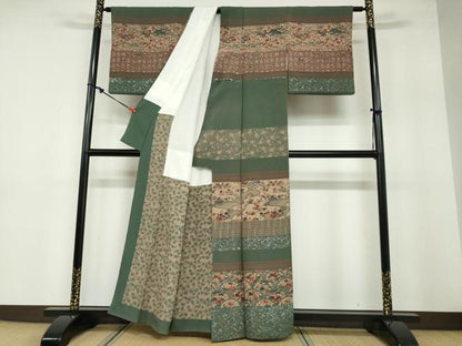 平和屋着物●訪問着 型染め 横段流水草花文 鬼しぼ縮緬 正絹 逸品 DABB0571ud
