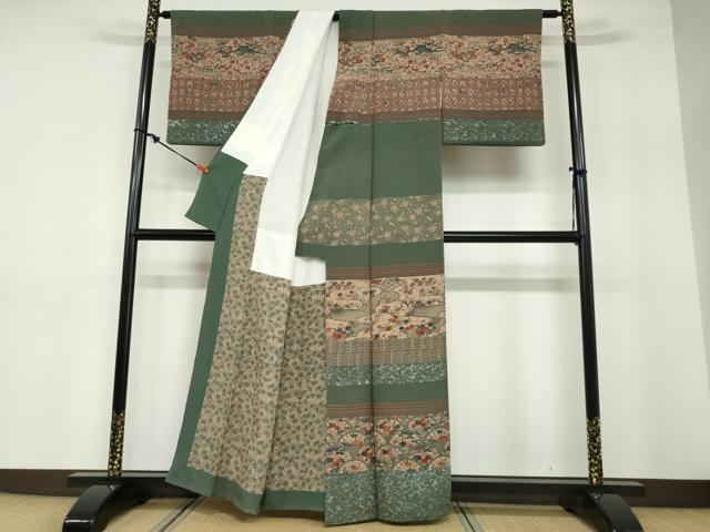 平和屋着物●訪問着 型染め 横段流水草花文 鬼しぼ縮緬 正絹 逸品 DABB0571ud