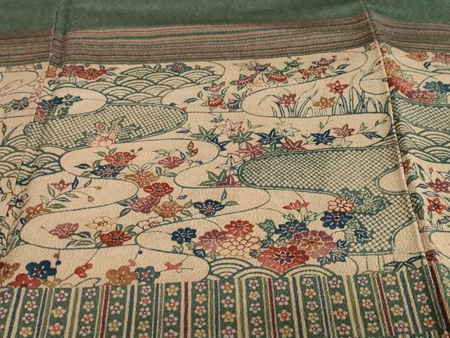 平和屋着物●訪問着 型染め 横段流水草花文 鬼しぼ縮緬 正絹 逸品 DABB0571ud