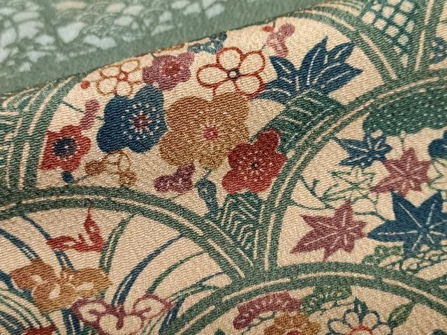 平和屋着物●訪問着 型染め 横段流水草花文 鬼しぼ縮緬 正絹 逸品 DABB0571ud